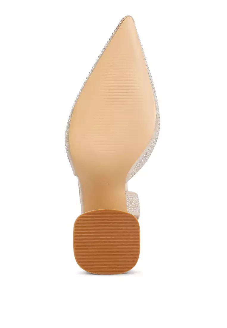 Sandal Tumit Suede Berlian Imitasi Krem