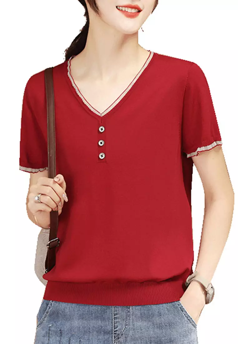 Fashion V Neck Short Sleeved Sweater