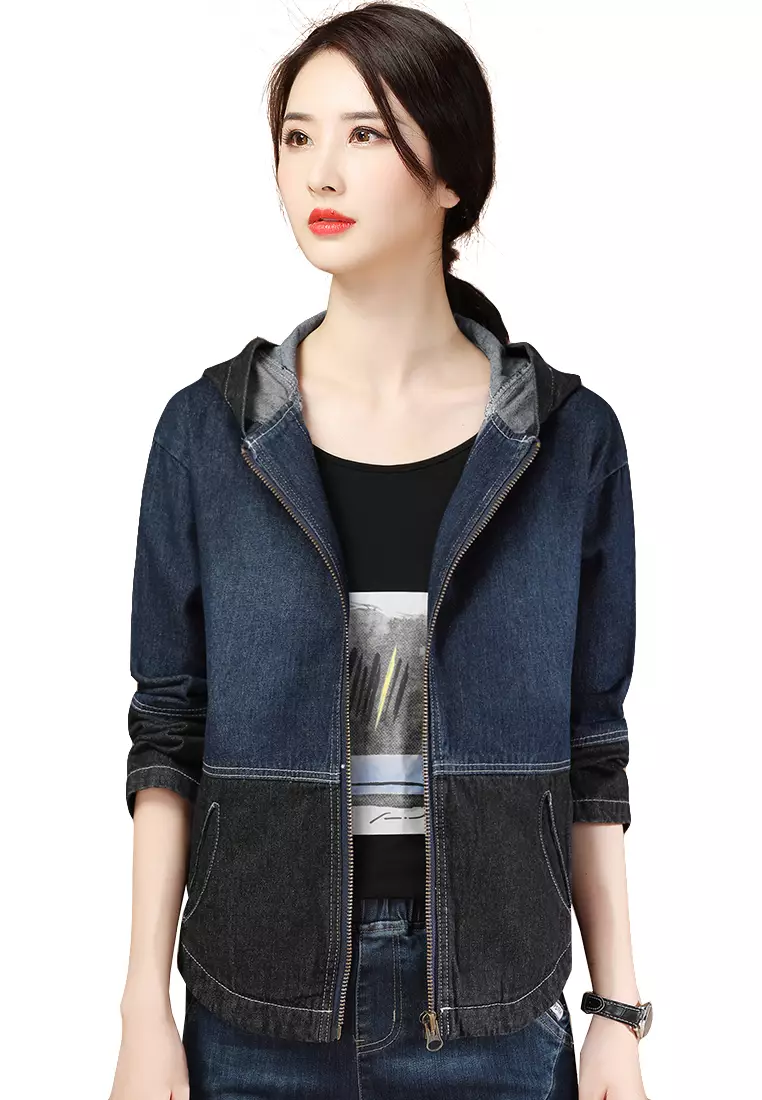 Fashion Color Block Hooded Denim Jacket