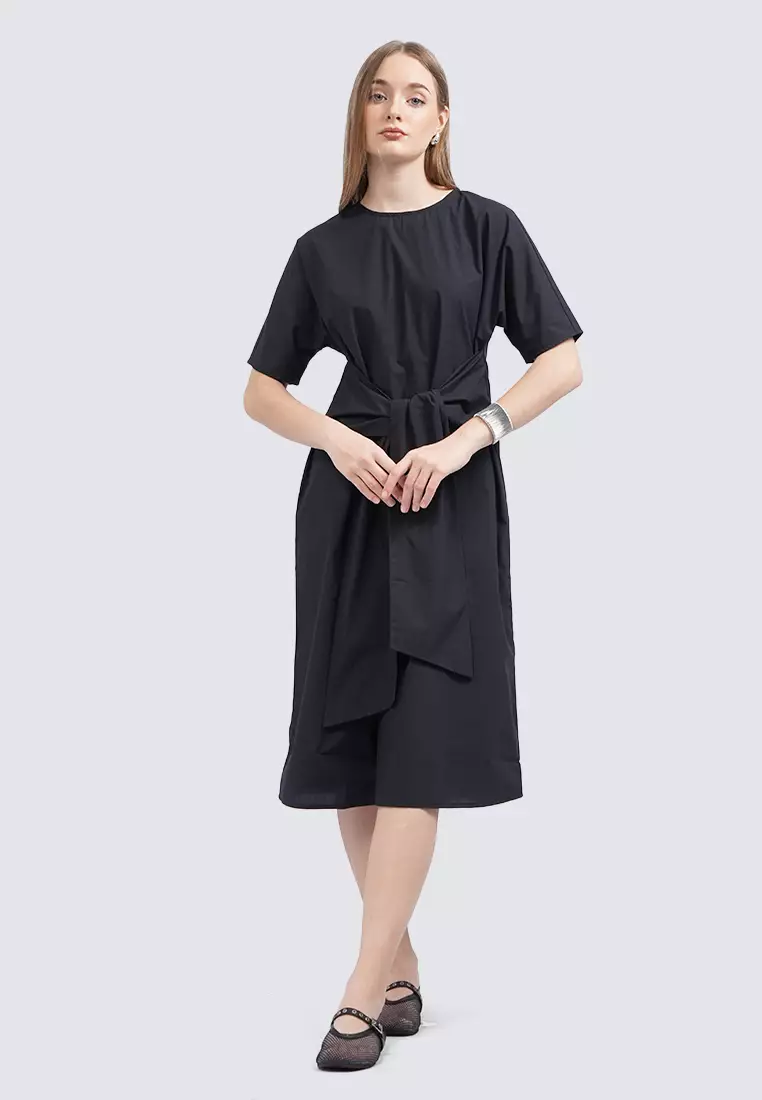Belted Short Sleeve Midi Dress BLACK