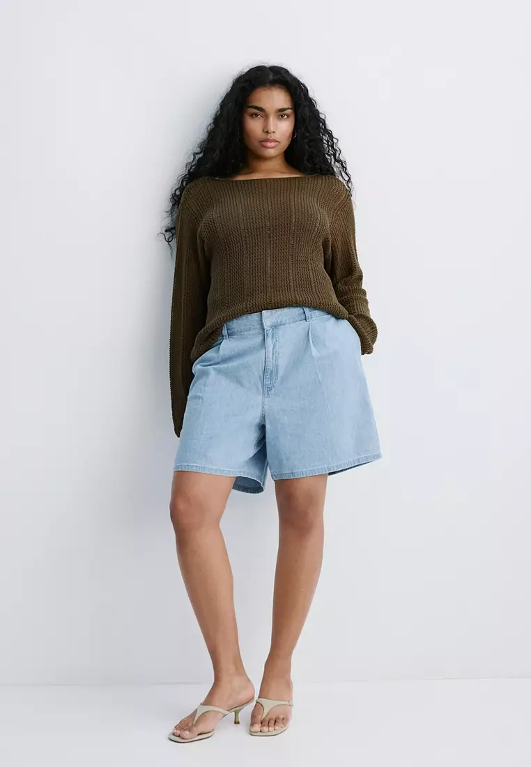 Mid-Rise Denim Bermuda Shorts With Pleats