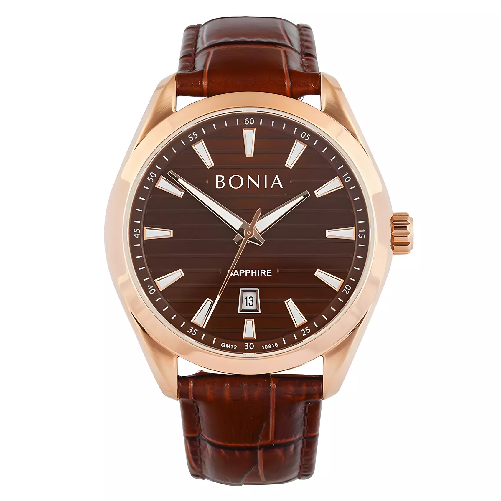 Bonia - Jam Tangan Analog Pria Sapphire Glass - Rose Gold Case - Brown Leather Strap - B10916-1542
