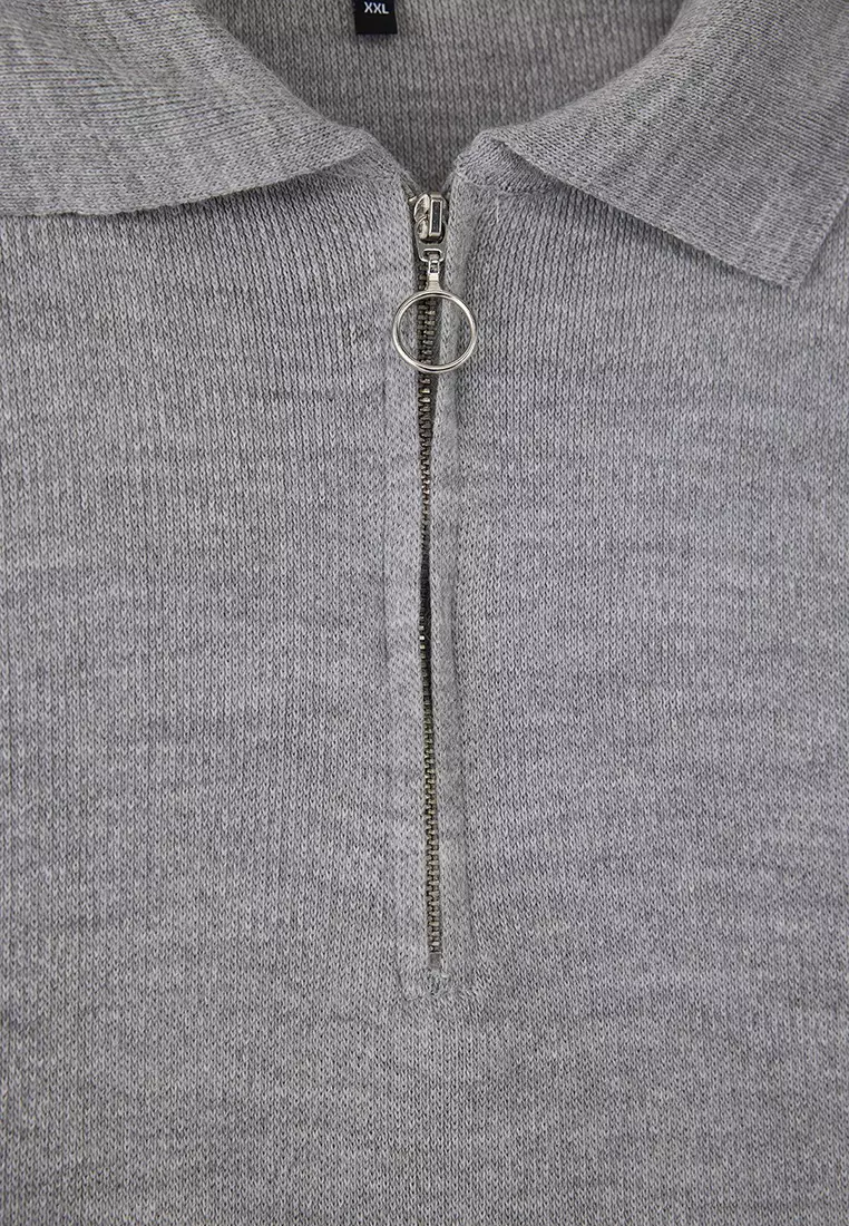 Gray Polo Collar Zipper Detailed Knitwear Sweater Tbbaw23An00056