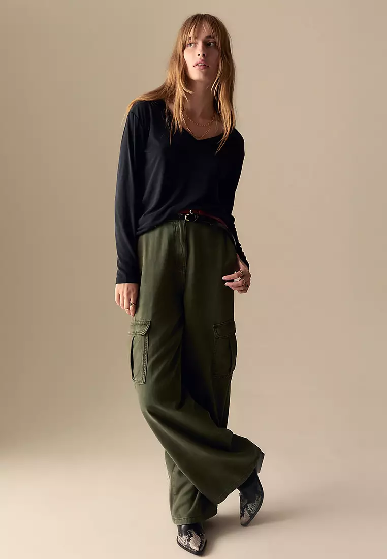 Cotton Blend Relaxed Wide Leg Trousers