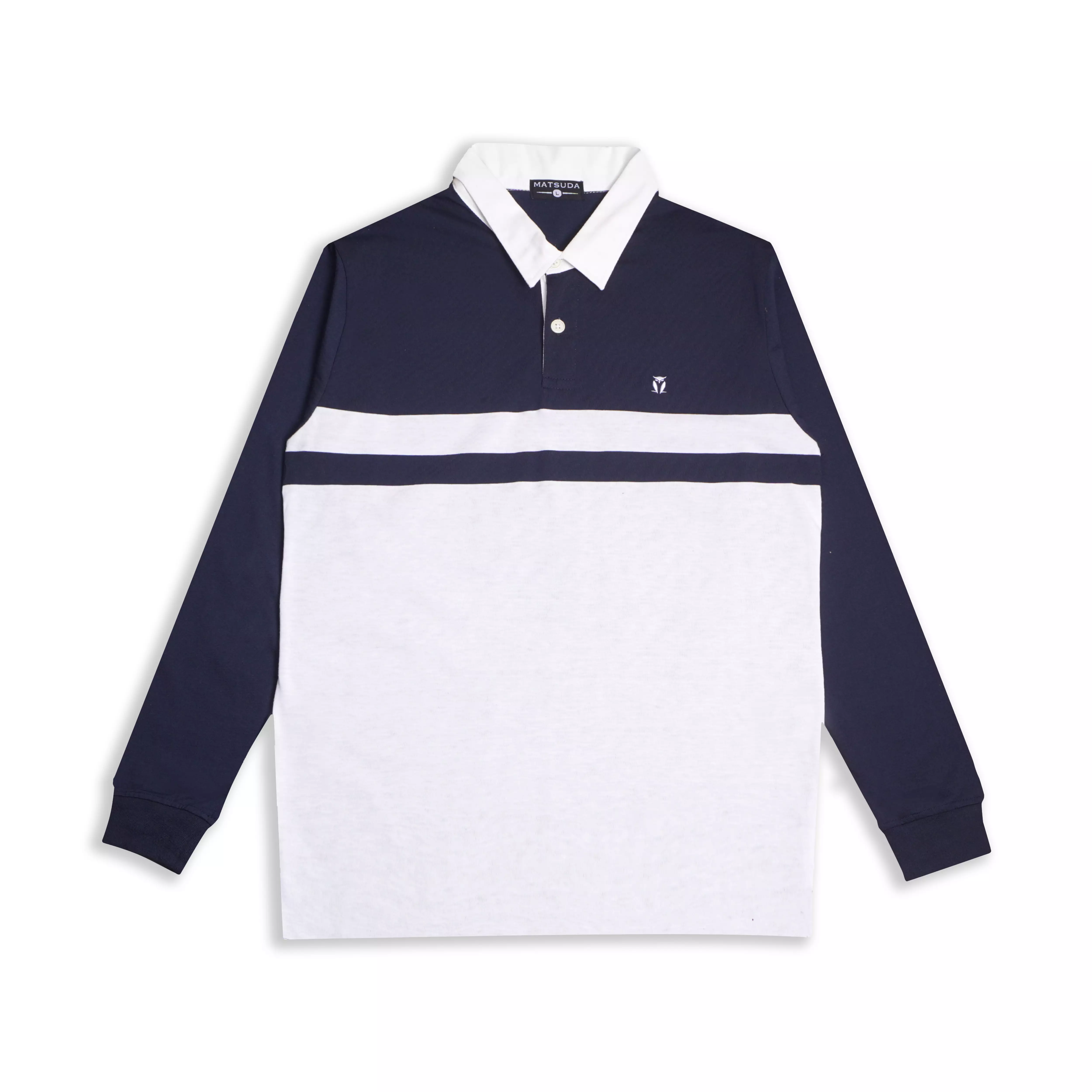 Matsuda Kaos Rugby Polo Shirt Katun Pria Lengan Panjang Yasugi Navy White