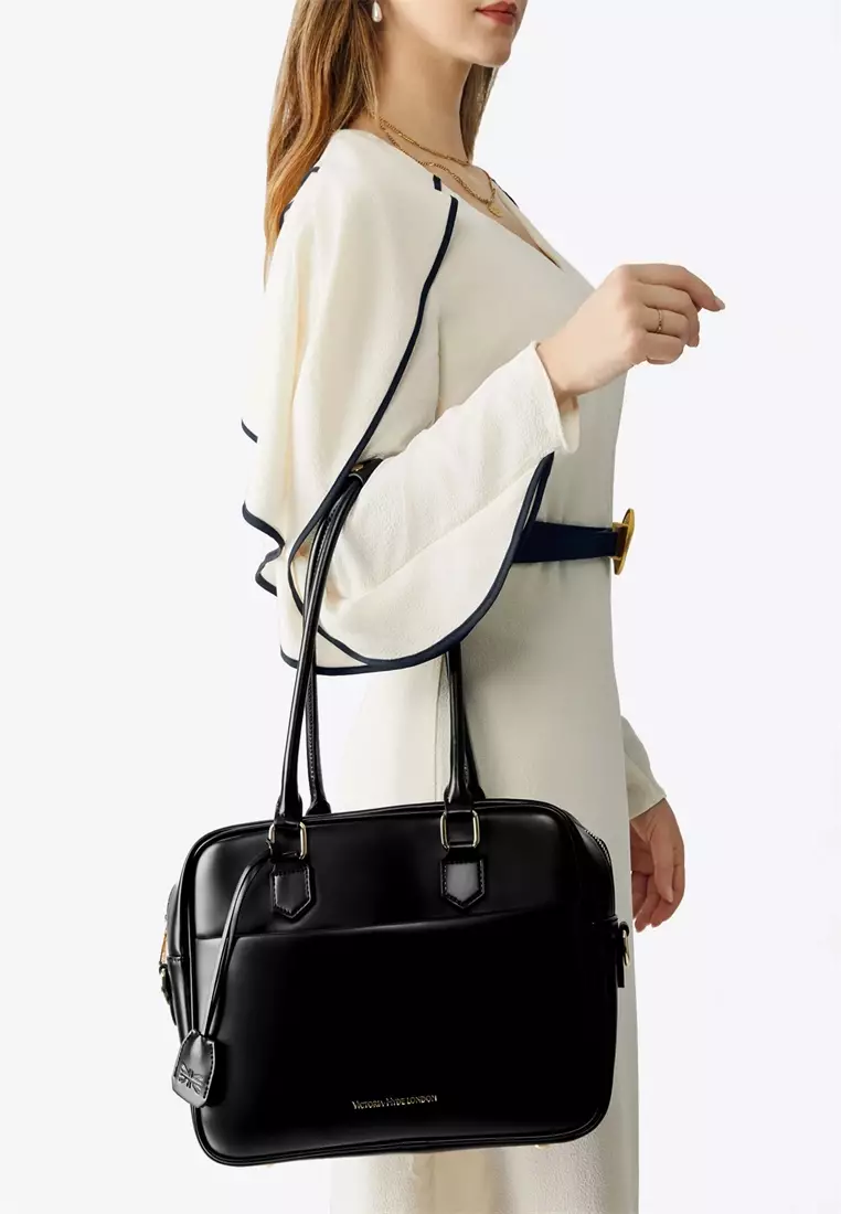 Margaret M Women's Black Top Handle Handbag: 2-in-1 Microfiber Leather Travel Business Bag (Tablet compatible std. size 10")