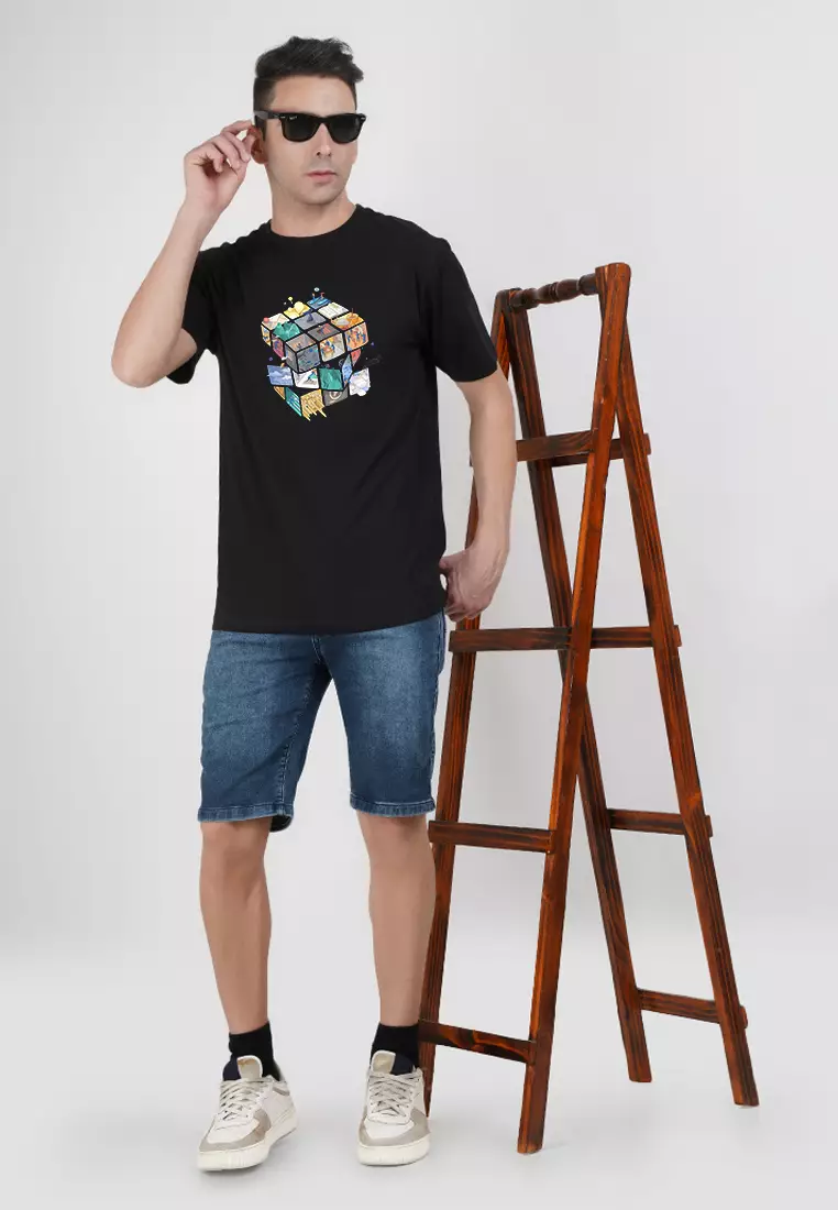 Life Cube 图案黑色纯棉标准版型T恤/短袖T恤，圆领