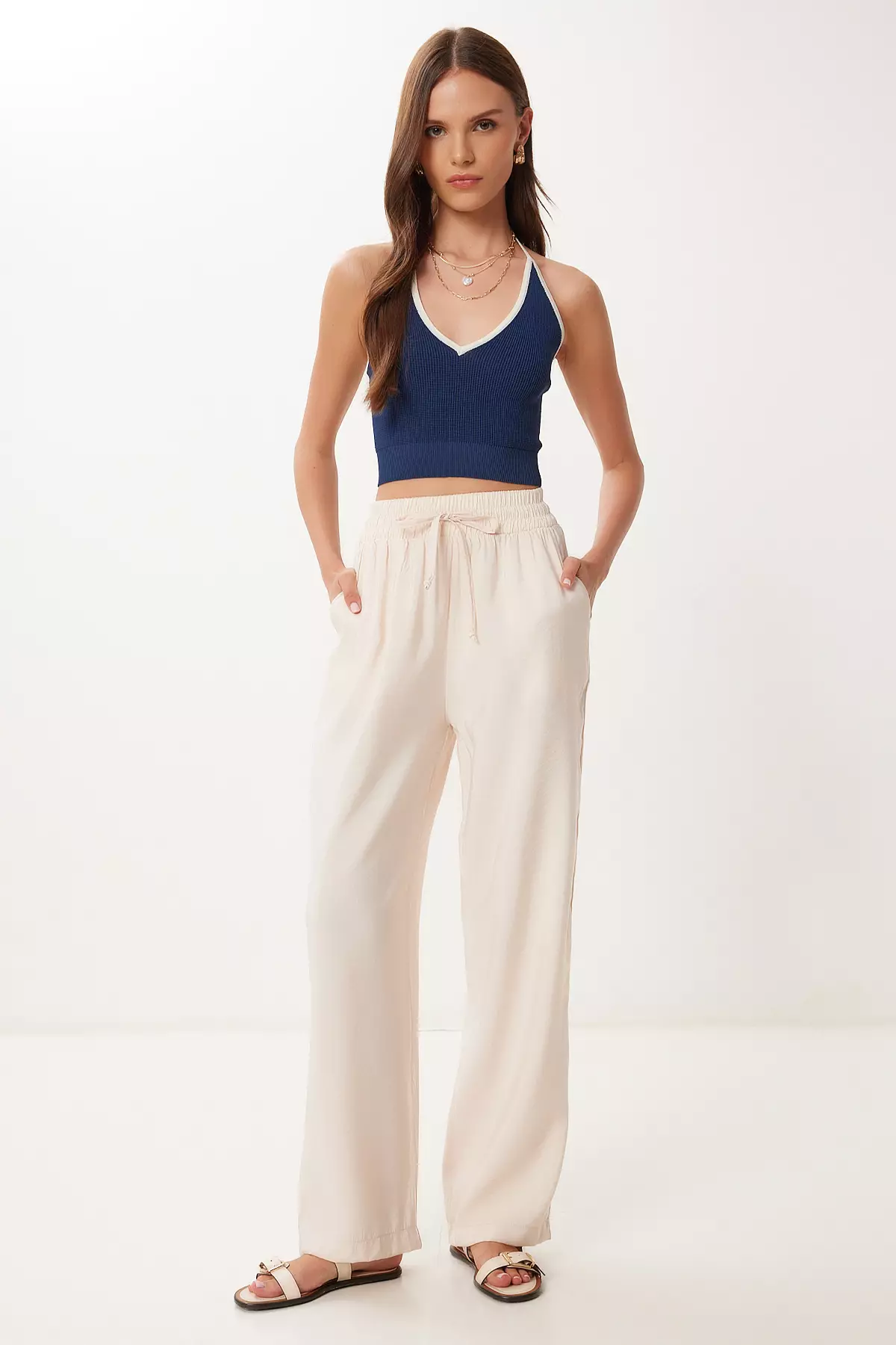 Women's Cream Wide Leg Summer Modal Trousers Bv00157