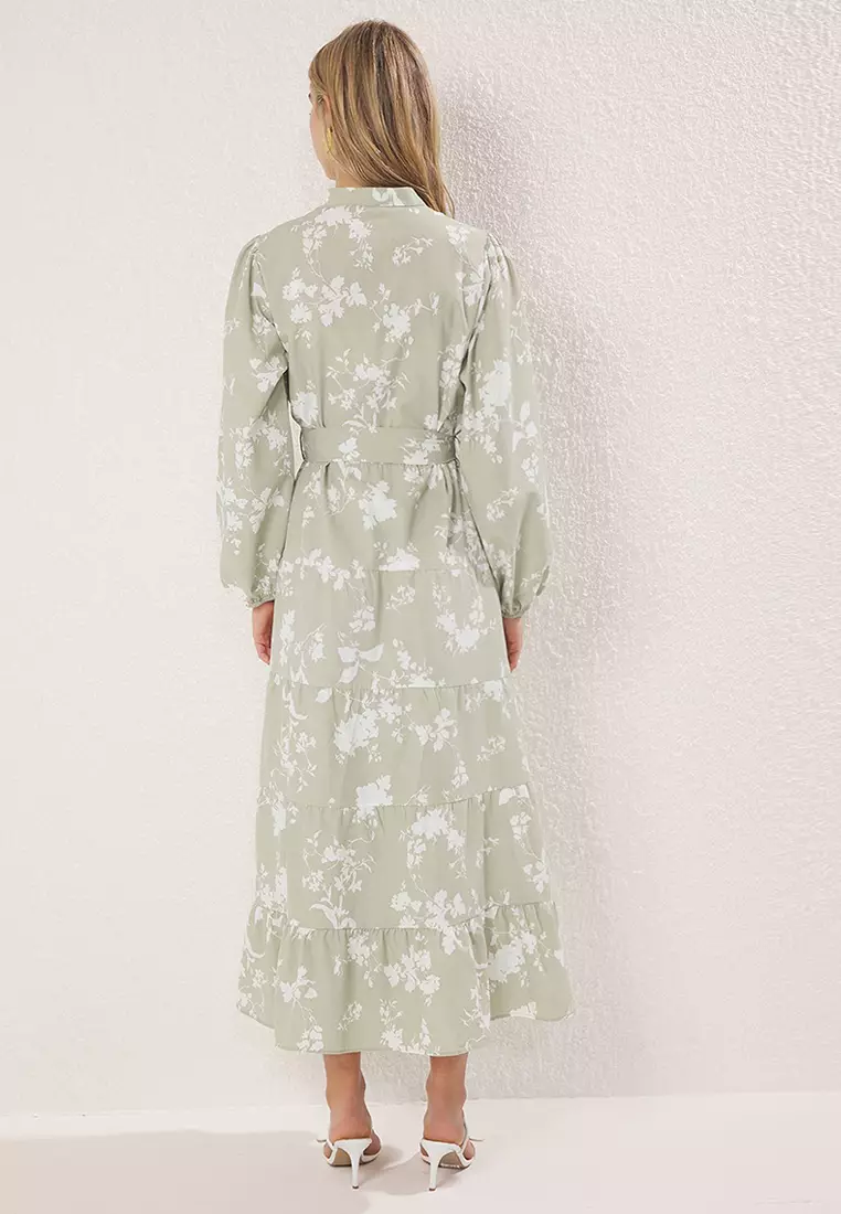 Khaki Stand Collar Floral Belted Poplin Woven Dress Tctss24Eb00153