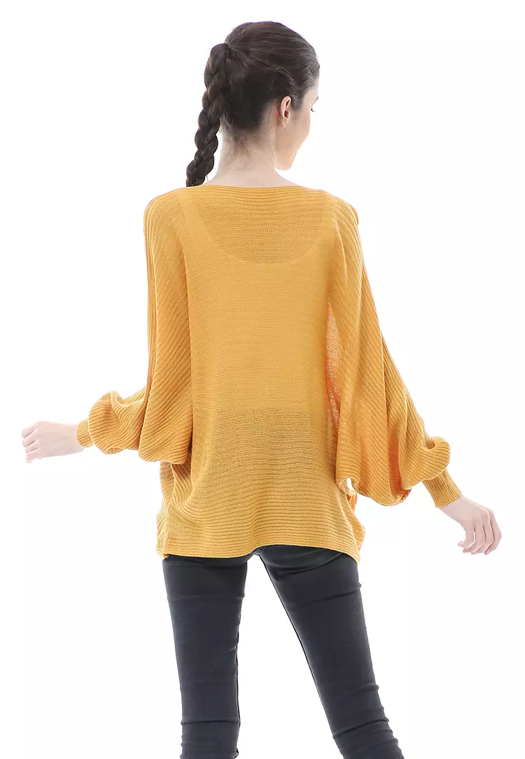 Eveline Sweater Rajut Batwing Atasan Wanita Motif Polos High Quality - Mustard