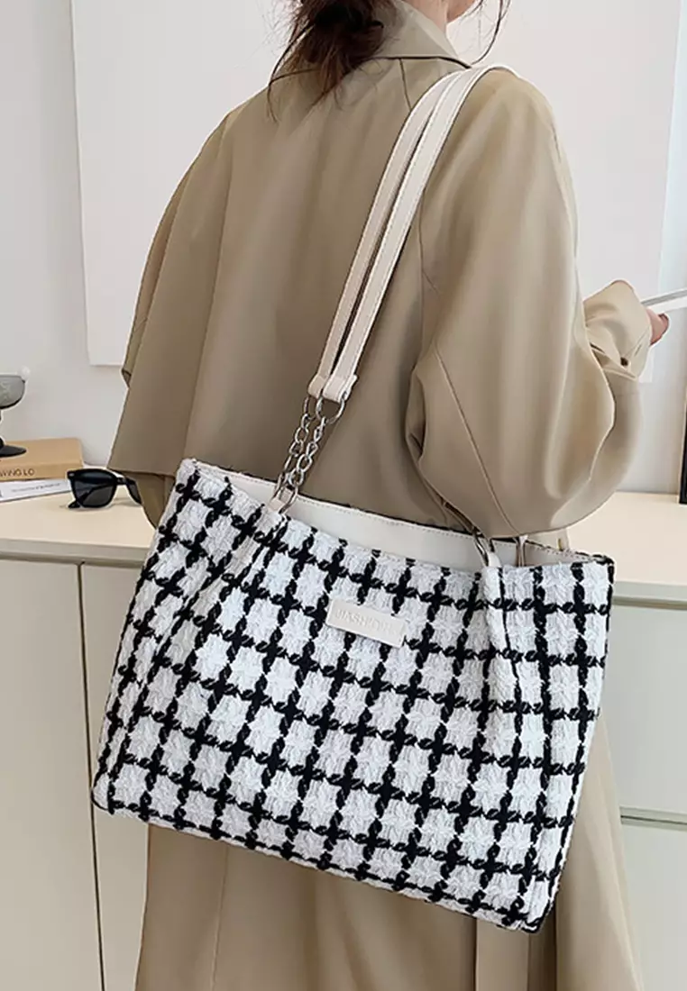 Wakakids Tas Wanita Bahu Shoulder Bag Tote Bag Bahan Kain Tweed Plaid Pattern Venrc Putih