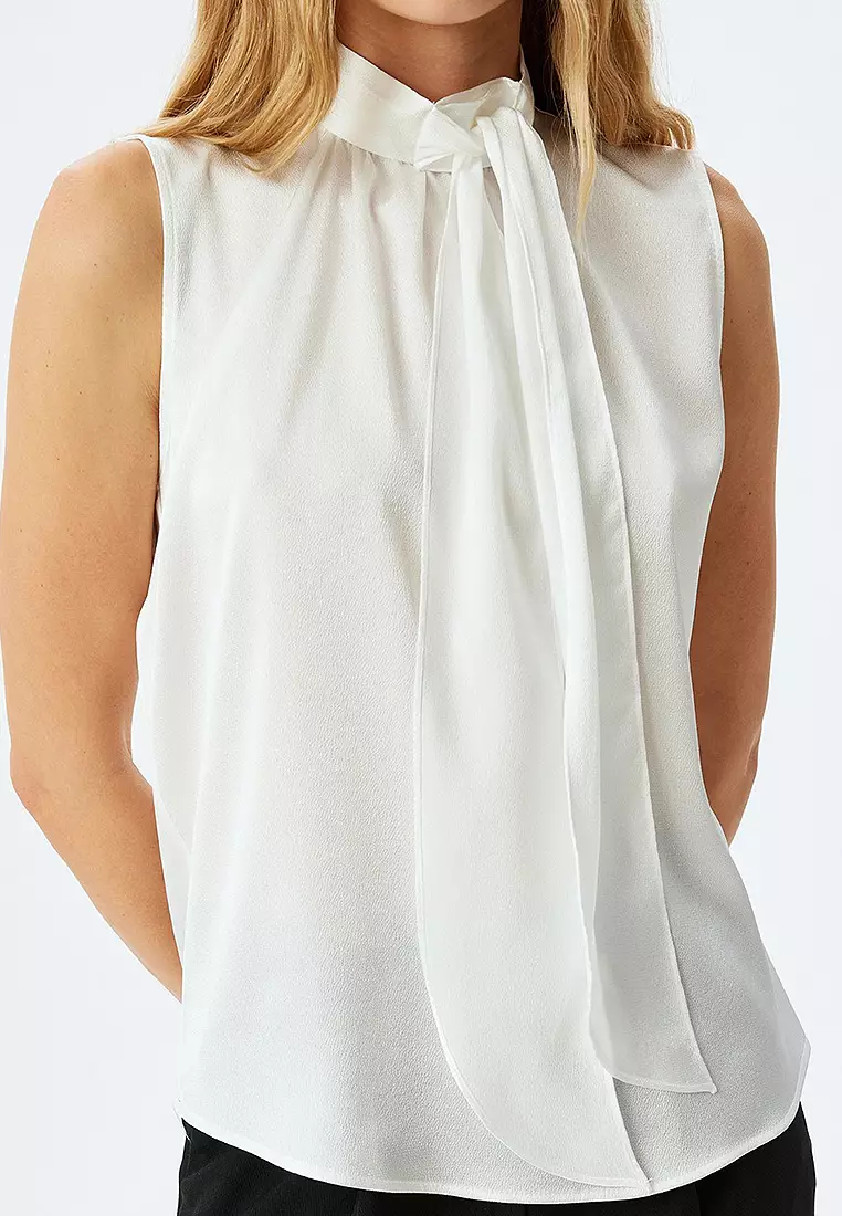 Tied Shawl Collar Sleeveless Satin Blouse