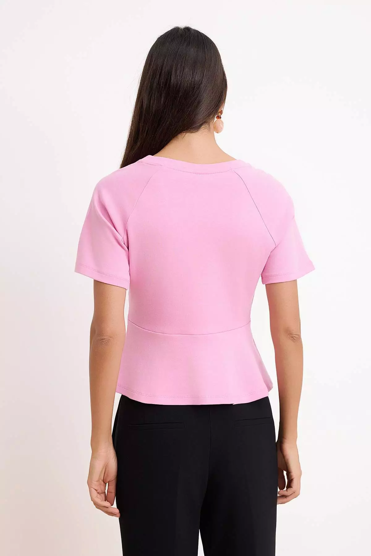 Pink Peplum Raglan Sleeve Short Sleeve Accessory Detailed Interlock Knitted Blouse Twoss26Bz242