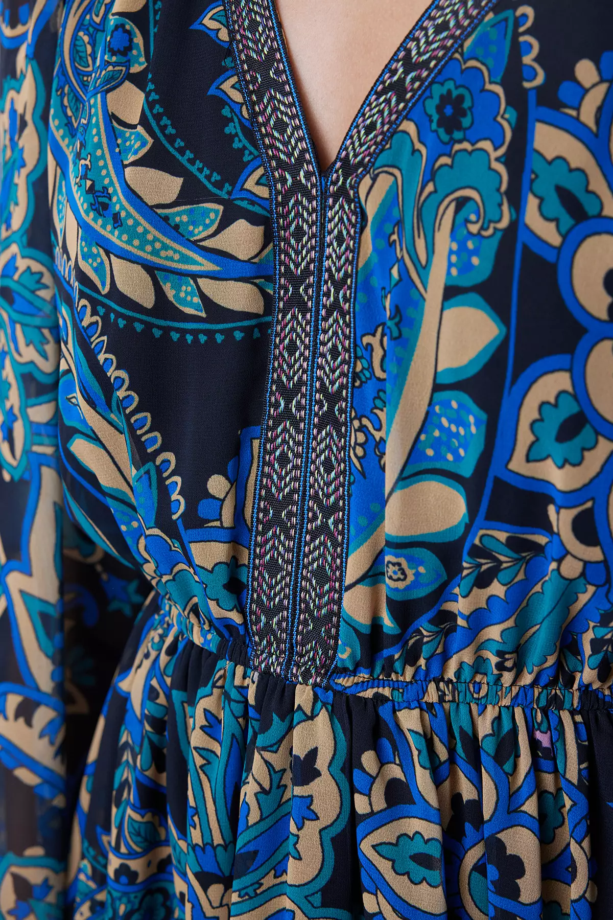 Green Floral Patterned Waist Opening Gipel Lined Mini Woven Dress TWOAW25EL00182