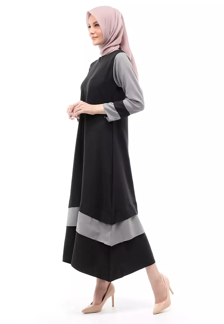 Aurel Dress Maxi Muslimah Wanita Polos Dual Tone Color Regular Fit - Black Grey