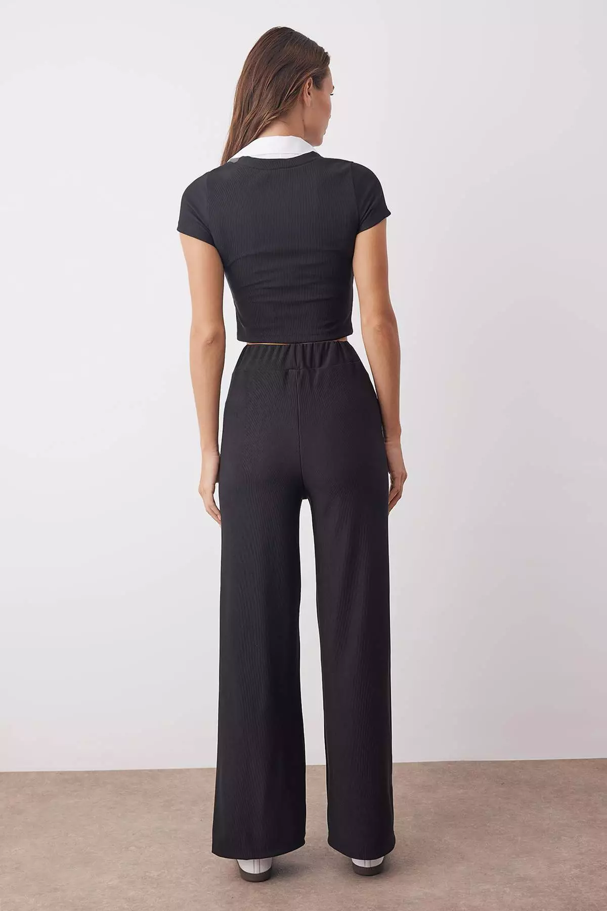 Black Polo Collar Color Block Blouse Trousers Knitted Top-Bottom Set