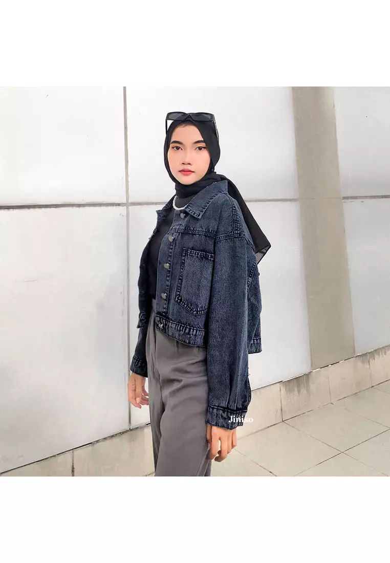 Jaket Crop Jeans Oversize Pocket Black Acid