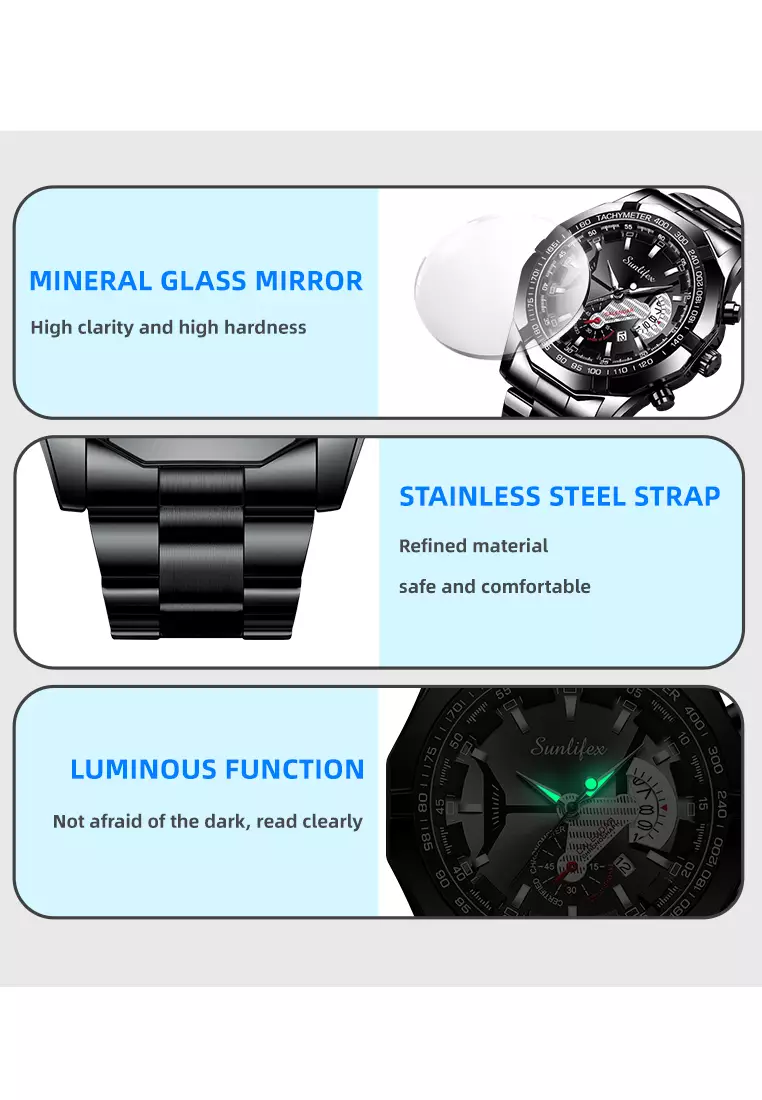 Jam Tangan Pria 9094 Original Kuarsa Kalender Tali Stainless Steel Jam Tangan Cowok(Kotak + Kartu Garansi) allblack