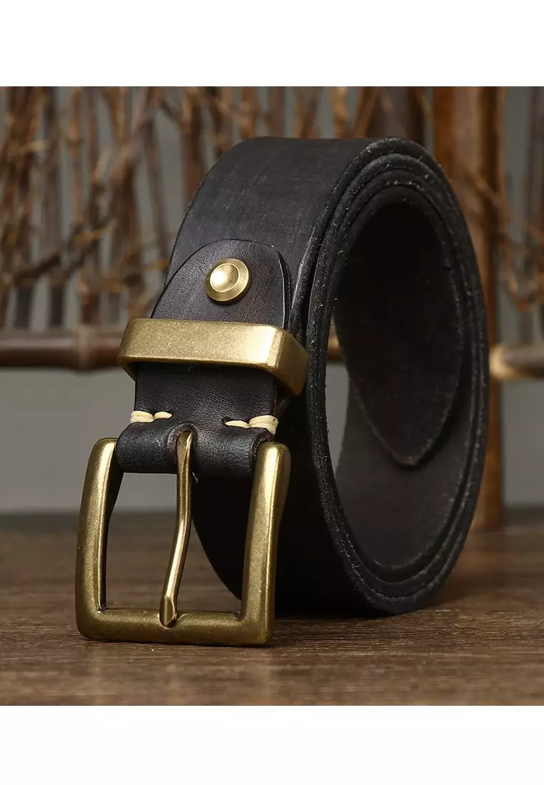 Buy XAFITI Men's Vintage Style Brass Buckle Leather Belt 2024