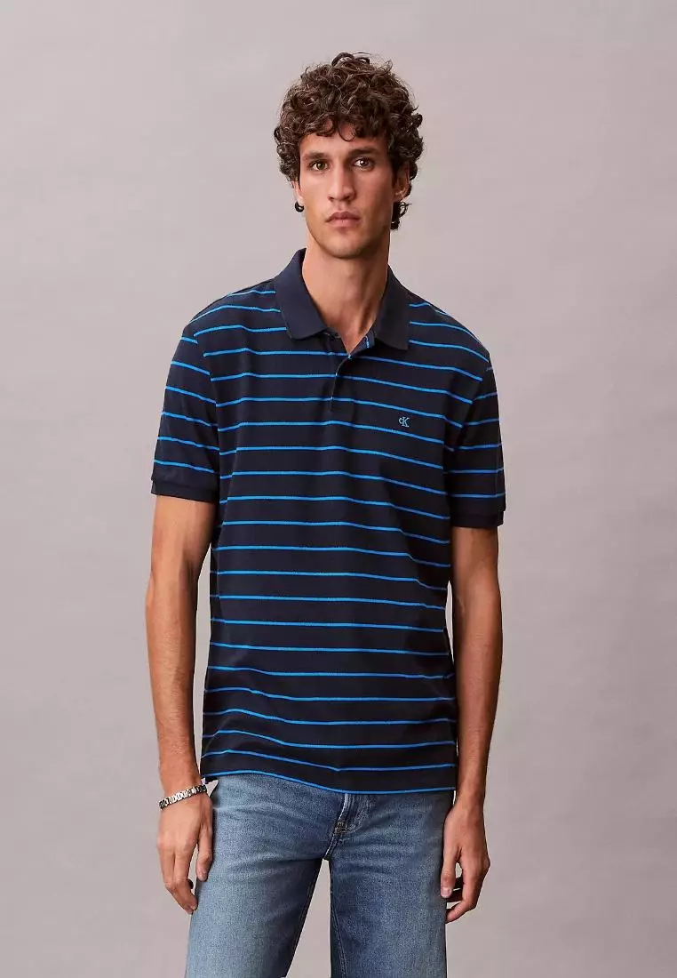 CKJ Mens Short Sleeve Striped Pique Monogram Polo