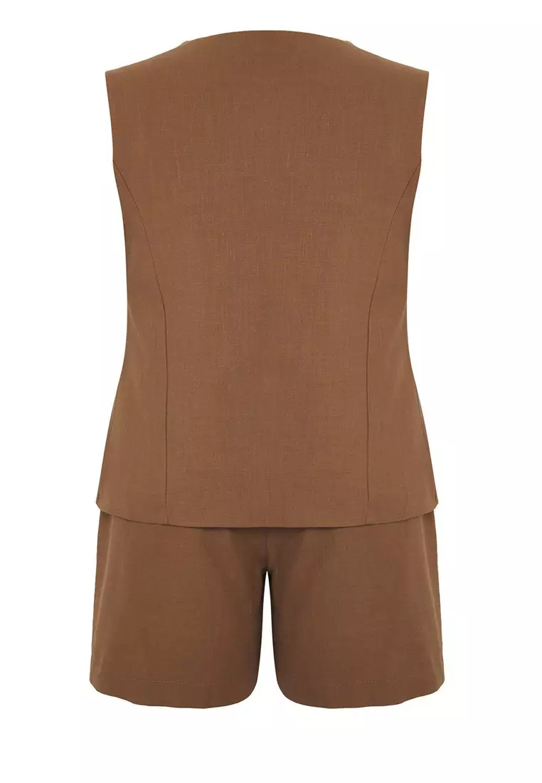 Brown Lace-Up Woven Plus Size Blouse & Shorts Bottom - Top Set Tbbss25Cp00028