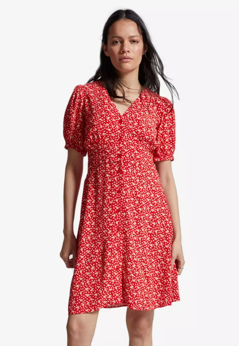 Red floral dress short outlet