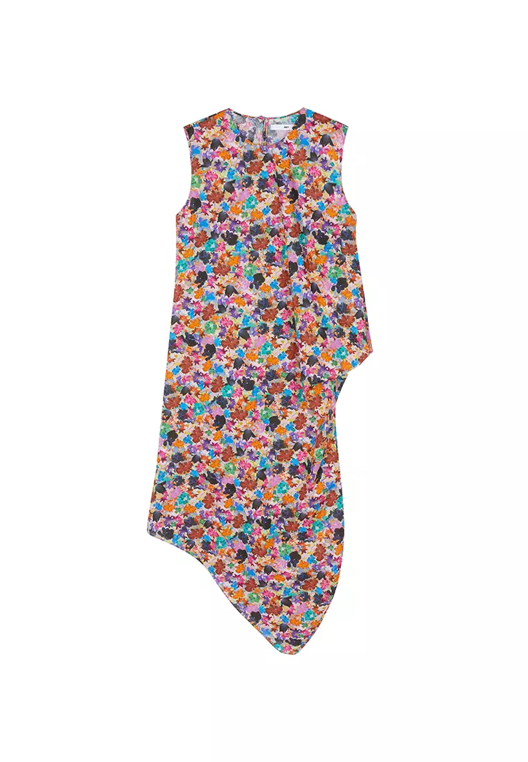 全棉未來主義花朵花型無袖連衣裙