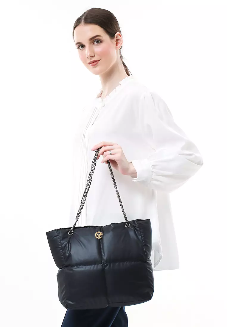 Reina Puffy Bag Two Ropes Smooth Shiny And Plain - Hitam