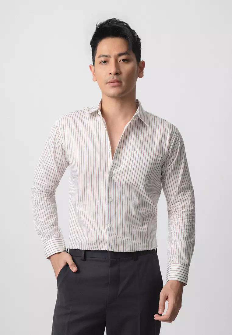 Hugo Stripe Shirt Brown White LS