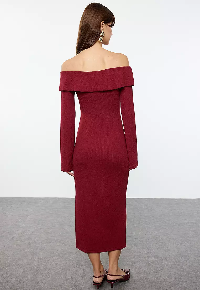 Claret Red Fitted Carmen Neck Soft Textured Midi Stretchy Knitted Pencil Dress
