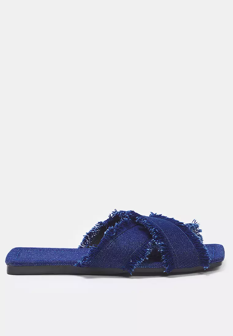 Navy Blue Tassel Detailed Denim Cross Banded Women's Slippers Takss25Te00043