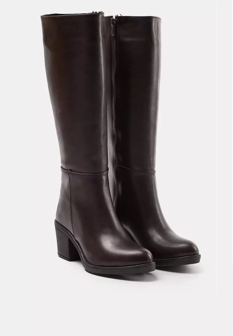 Dark Brown Zip-Up Round Toe Women's Block Heeled Boots Takaw25Cz00004