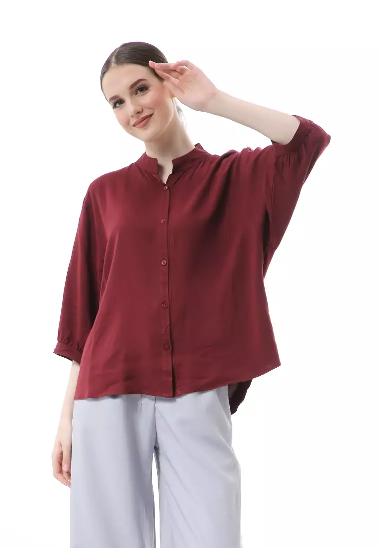 Ghita Kemeja Atasan Wanita Motif Polos Long Sleeve High Quality - Maroon
