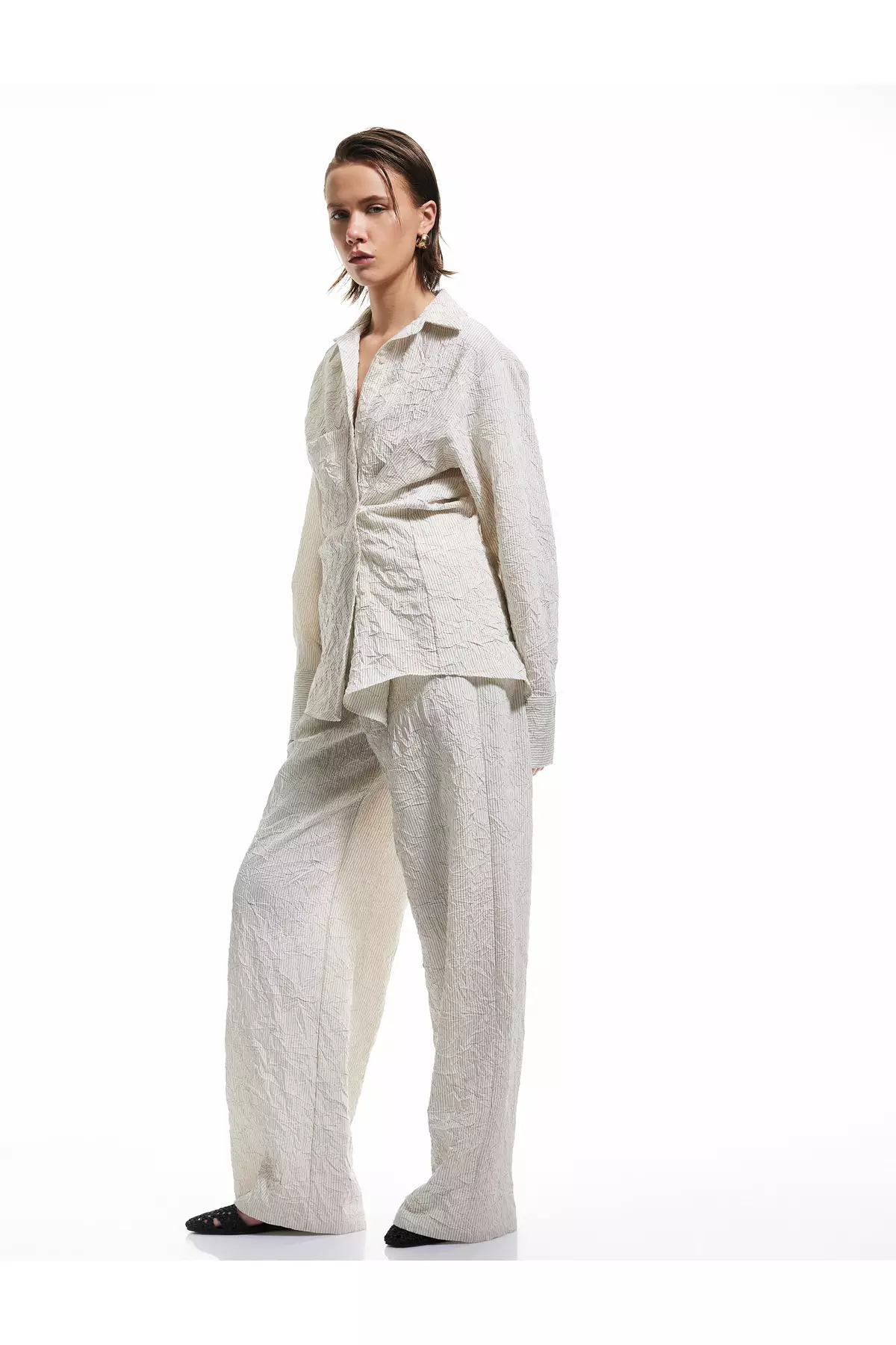 Viscose Fabric Comfortable Fit Pocket Textured Straight Loose Leg Trousers