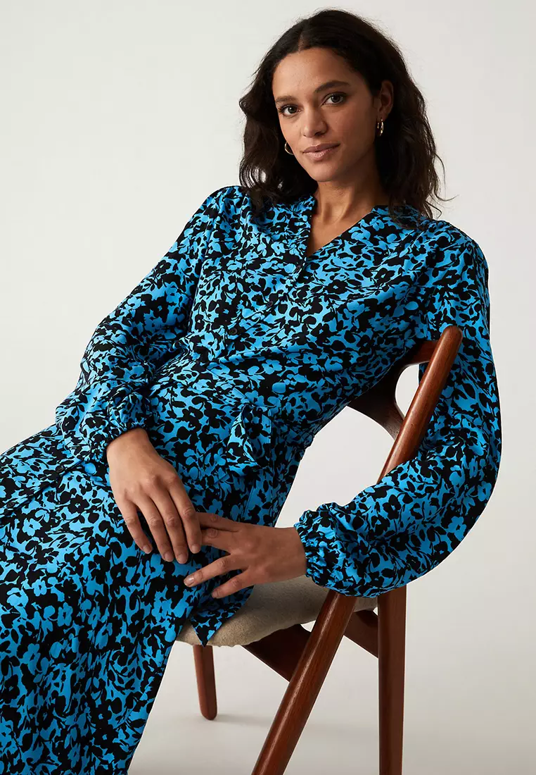 Printed V-Neck Tie Waist Midi Shirt Dress