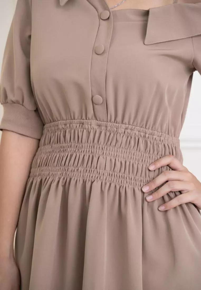SIDE SHOULDER WITH ELASTICITY WAISTBAND DRESS