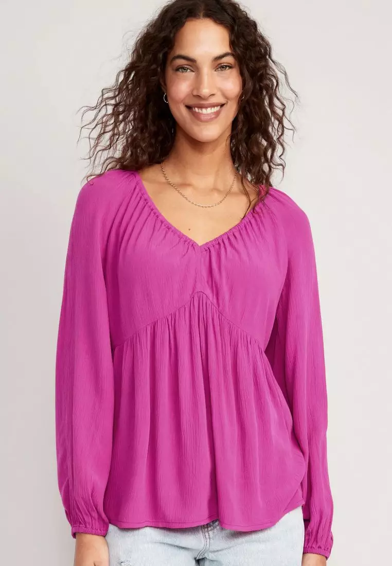 Long-Sleeve V-Neck Crinkled Boho Top for Women