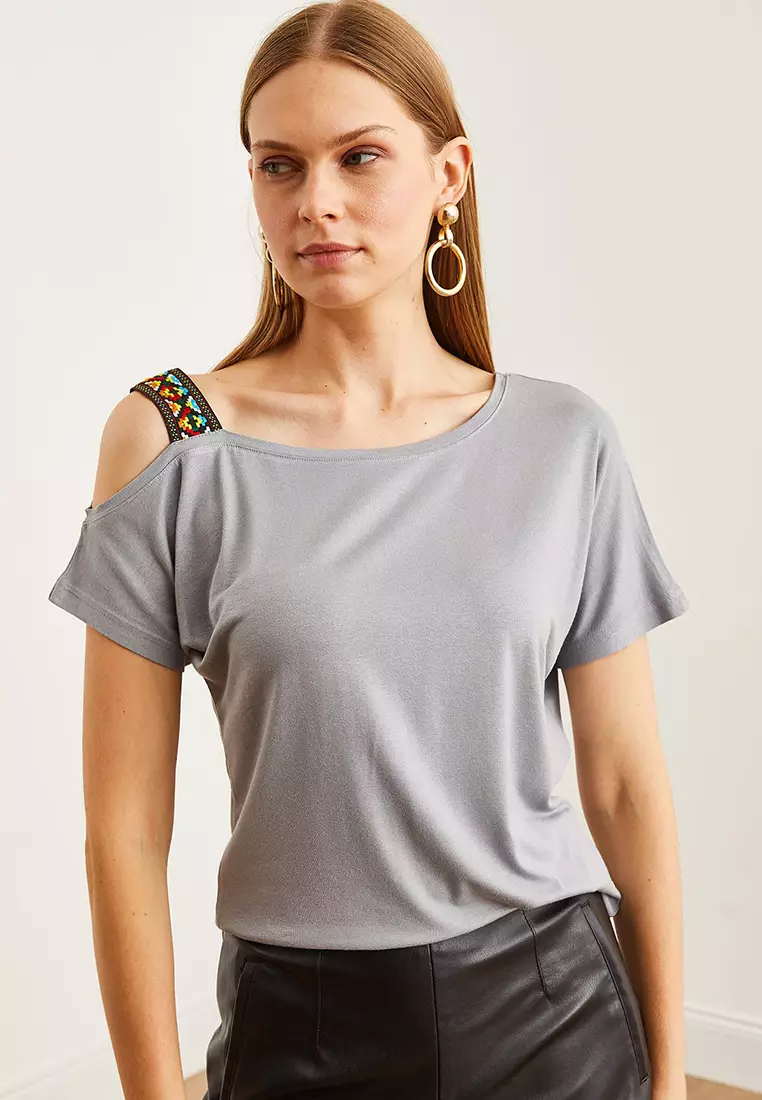 Women's One Shoulder Ethnic Garnished Blouse BLZ-19000194