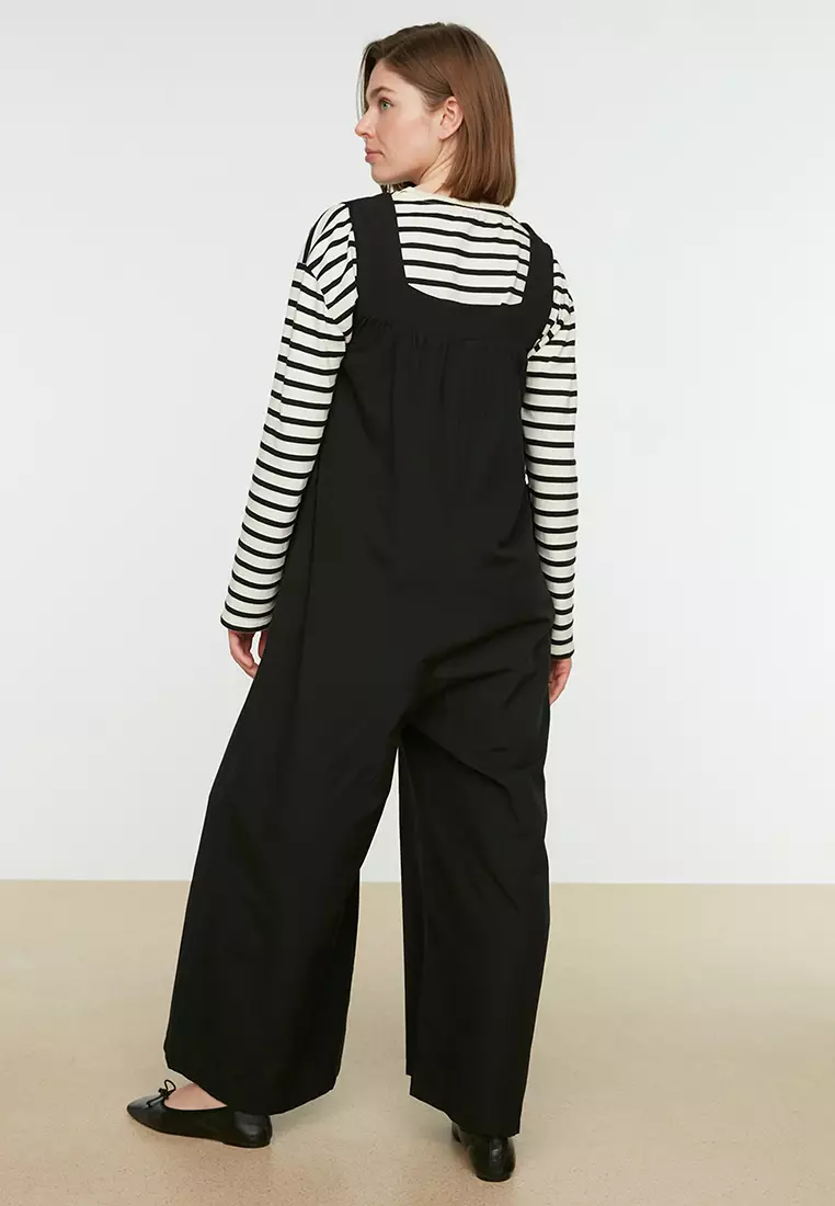 Black Textured Buttoned Straps Ruched Wide Leg Jumpsuit
