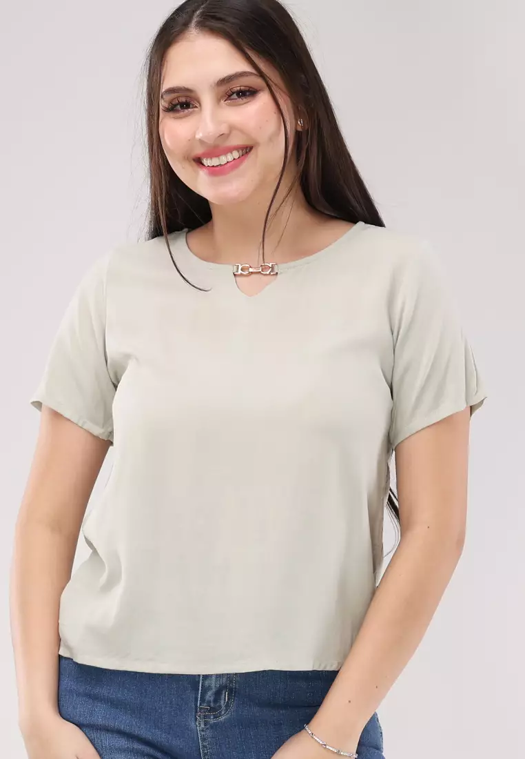 Woven Plain Rayon Short Sleeves Blouse