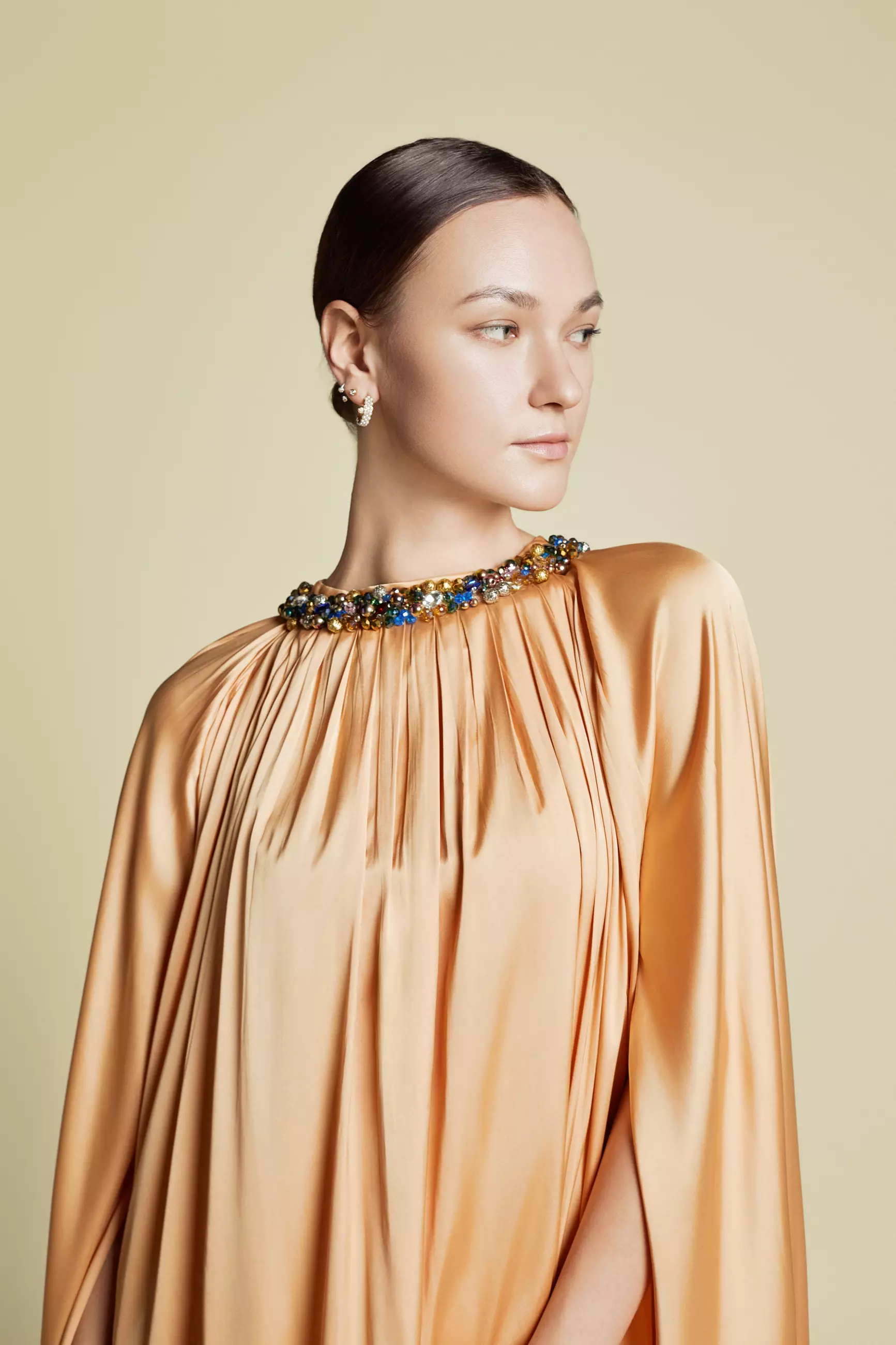 Demure Signature - Crystal Embellished Cape Kaftan in Italian silk Twill Light Peach - Dress