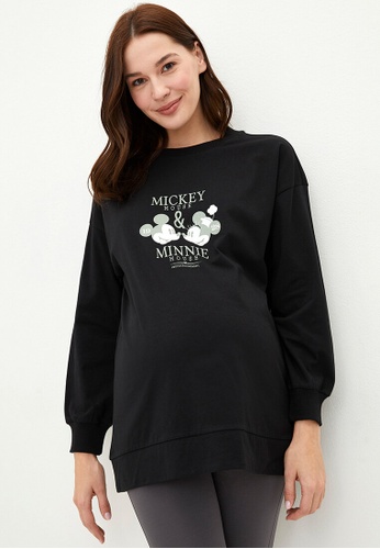 LC WAIKIKI black Crew Neck Mickey Mouse Printed Long Sleeve Cotton Maternity Sweatshirt 2FA9EAA658D01BGS_1