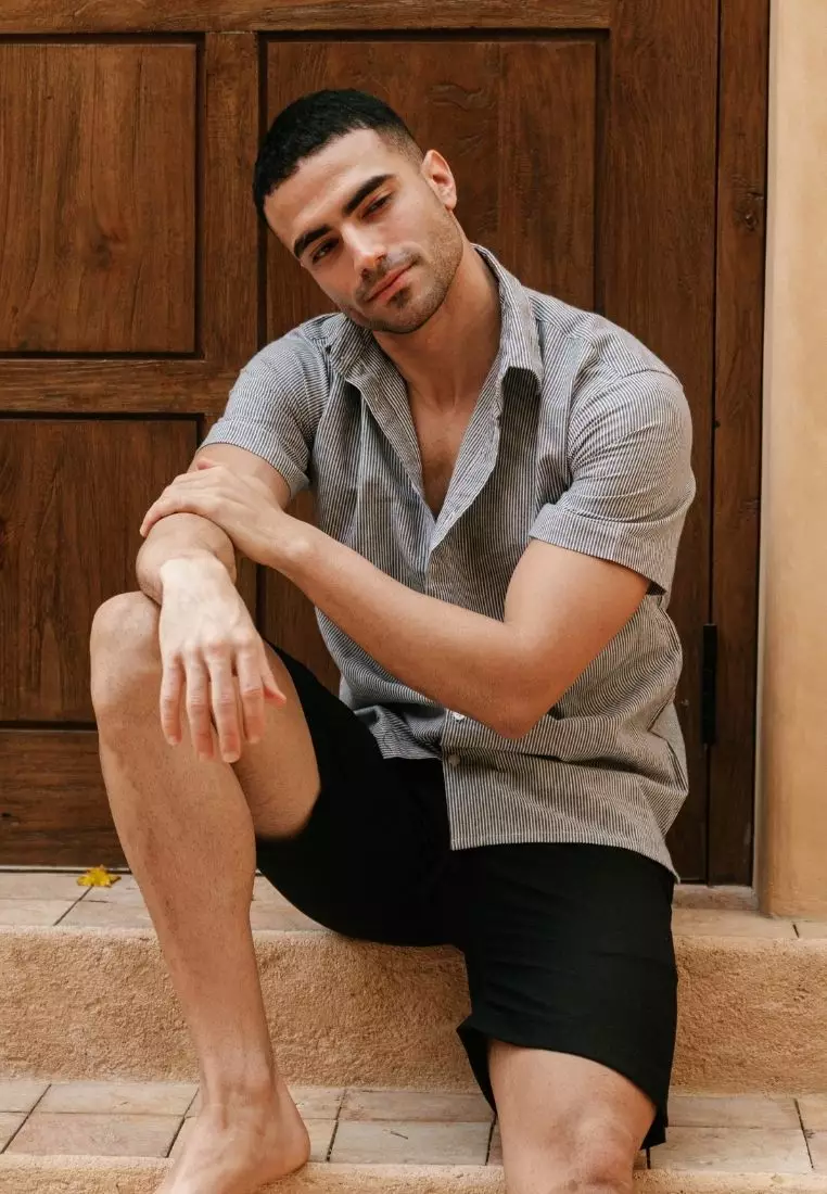 Cobalt Kemeja Linen Lengan Pendek Pria Abu Garis | Linen Short Sleeve Shirt Men Striped Grey