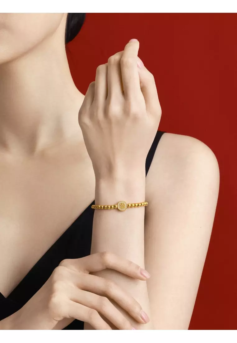 999.9 24K Pure Gold Cultural Blessings Diamond Lotus Motifs Bracelet for Women 14cm 94554B