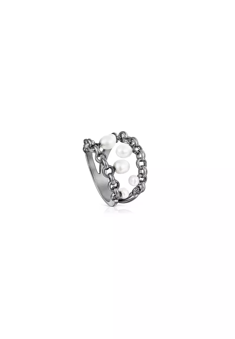 Buy TOUS TOUS Virtual Garden Dark Silver Ring with Cultured Pearls