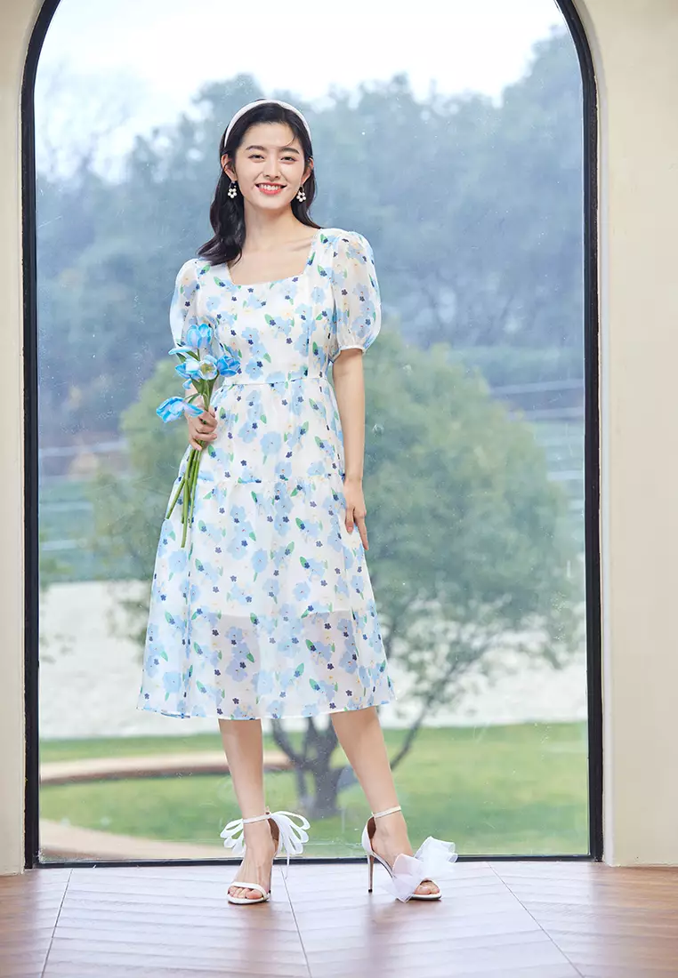Short Puff Sleeve Square Neck Floral Midi Dress