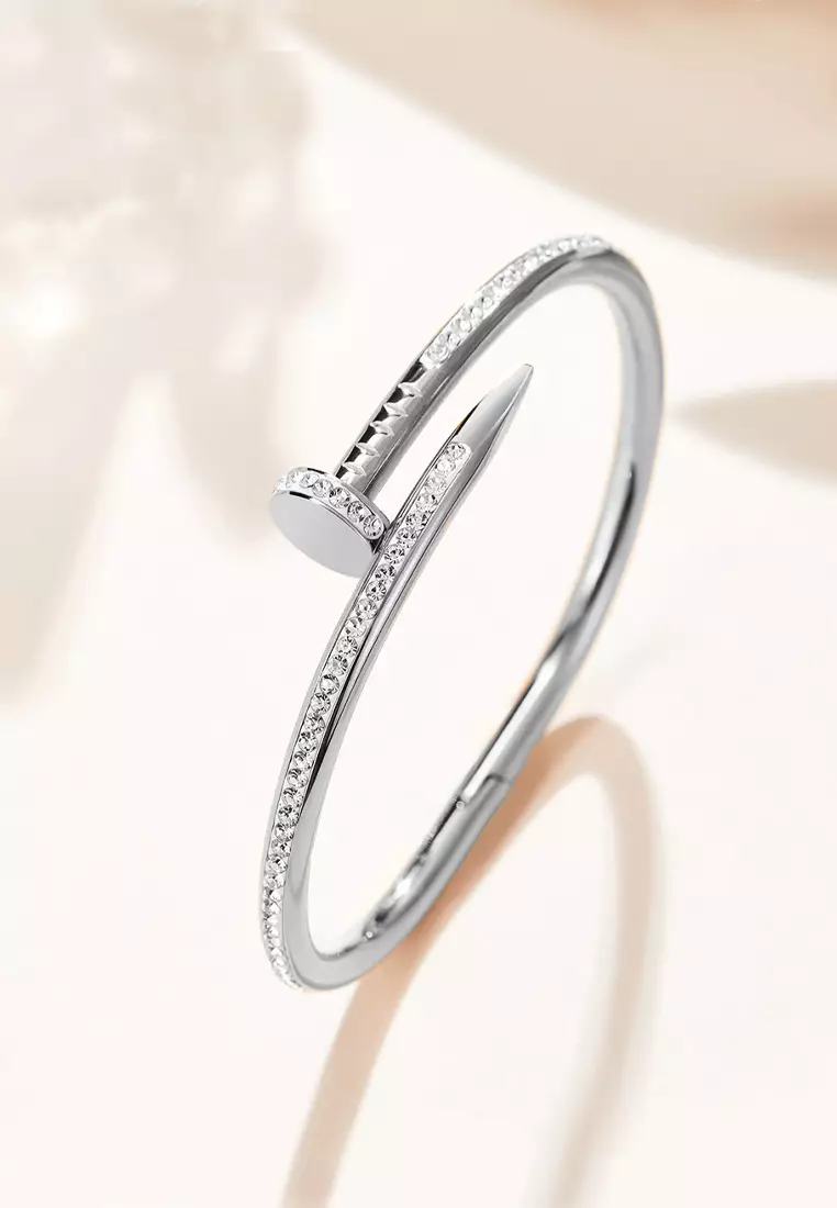 Roxanne Nail Cuff Zirconia Clasp Bangle (Silver)
