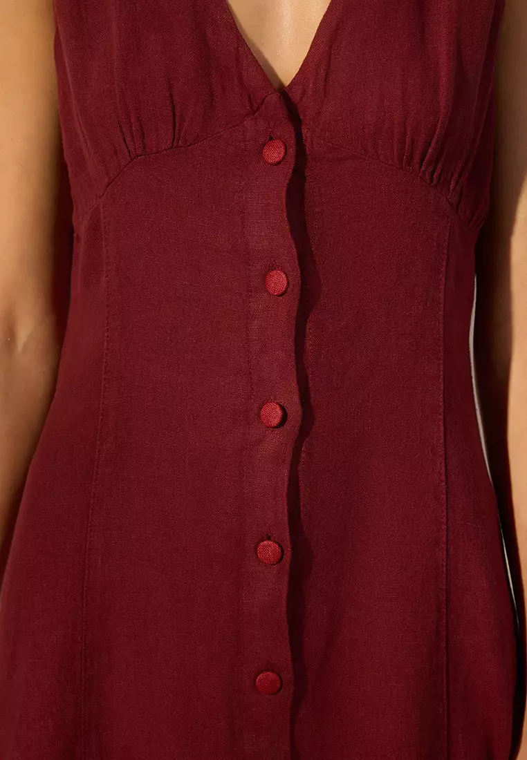 Burgundy 100% Linen Midi Button Detail V-Neck Dress Twoss25El00635