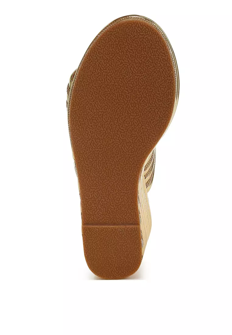 Metallic Faux Leather Wedge Sandals in Gold