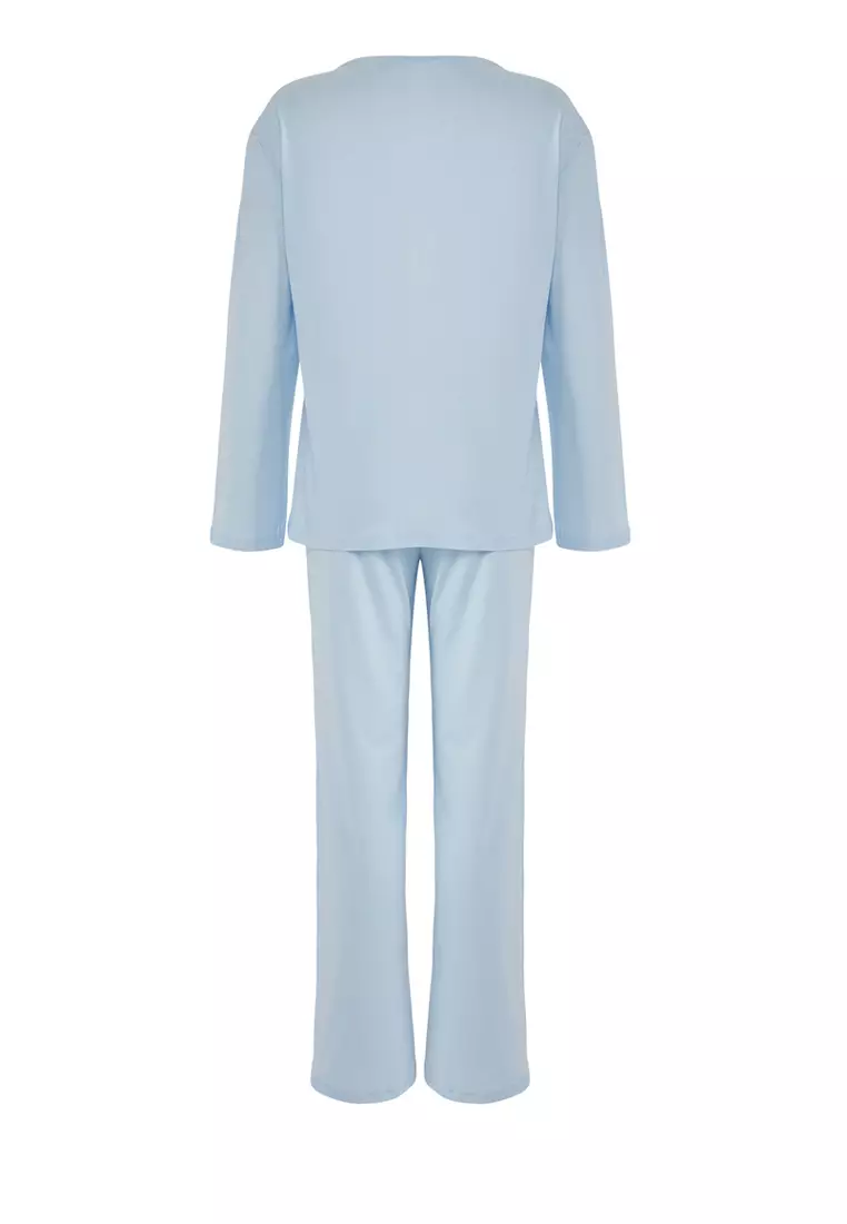 Blue %00 Cotton Teddy Bear and Slogan Printed Knitted Pajama Set THMAW25PT00186